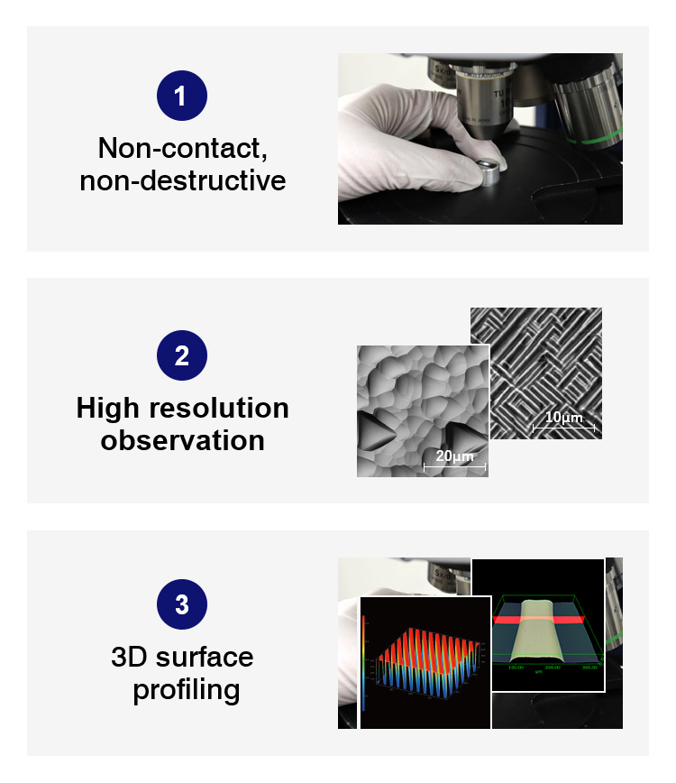 1. Non-contact, non-destructive 2. High resolution observation 3. 3D surface profiling